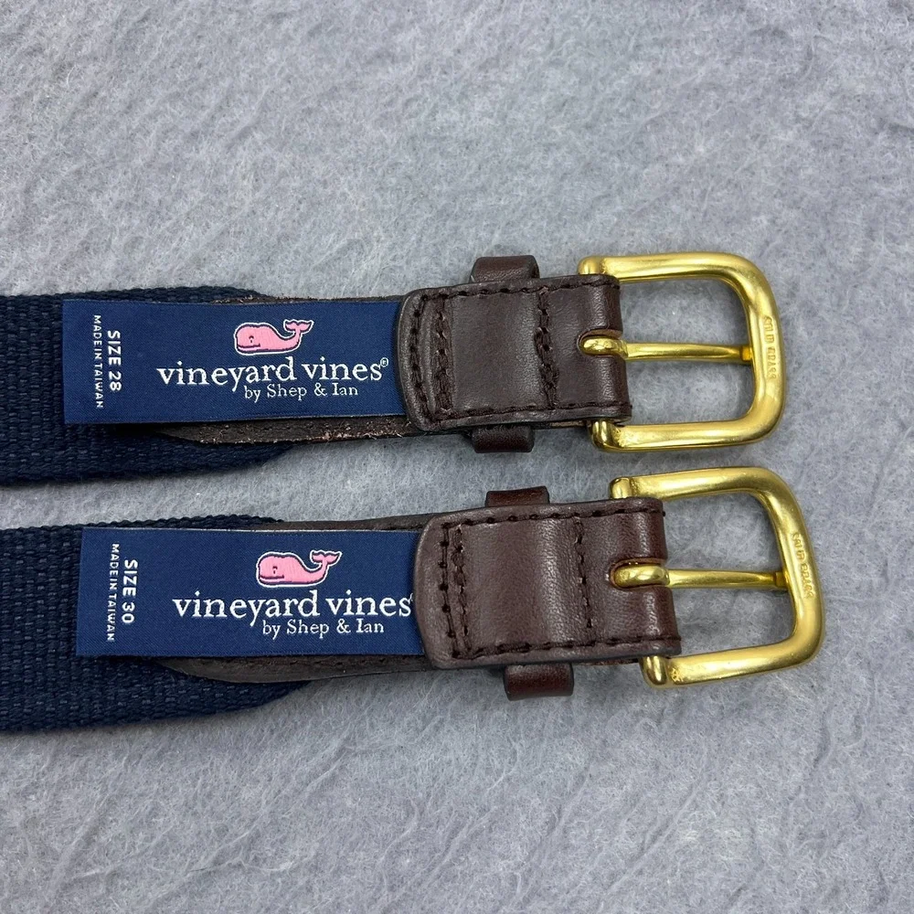 Vineyard Vines Club Belt Lot of 2 Mens 28/30 Mini Whale Silk Brown Leather Brass